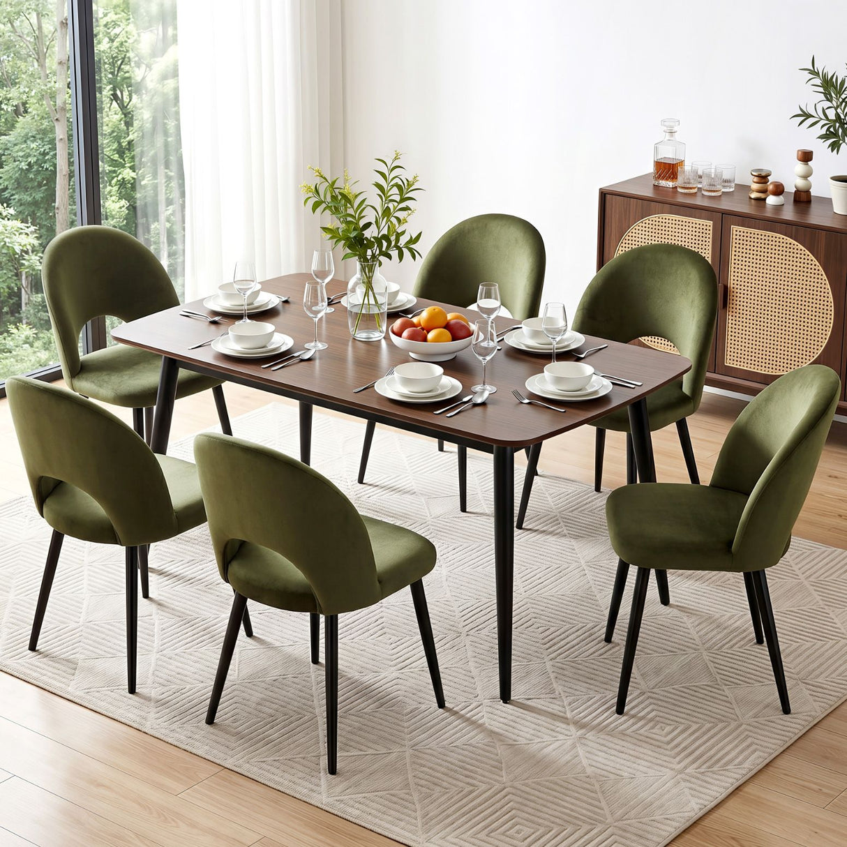 Ebenezer green velvet dining chair in a modern dining room