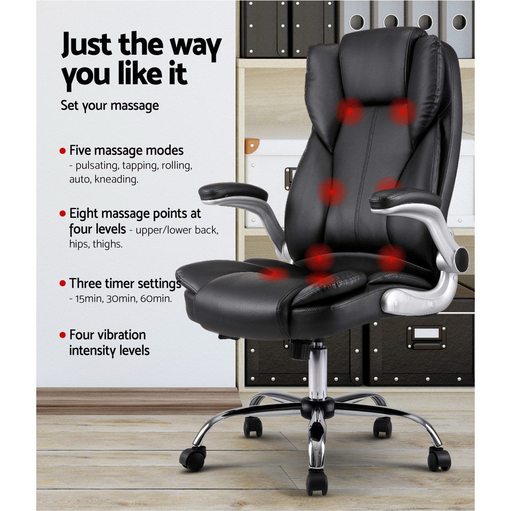 Artiss 8-Point PU Leather Massage Office Chair — High-Back, Black — Allure Home Collections