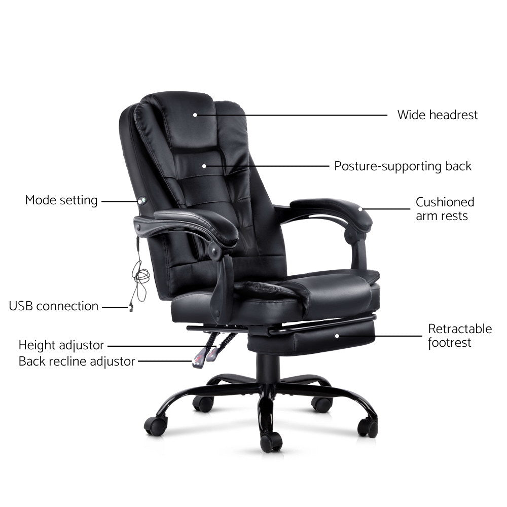 Artiss 2-Zone Ergonomic Massage Office Chair with Footrest — Black PU Leather — Allure Home Collections