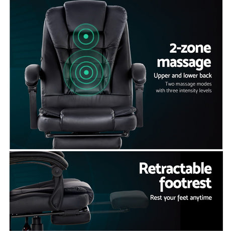 Artiss 2-Zone Ergonomic Massage Office Chair with Footrest — Black PU Leather — Allure Home Collections