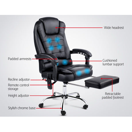 Artiss 8-Point Massage Office Chair with Footrest — Black PU Leather — Allure Home Collections