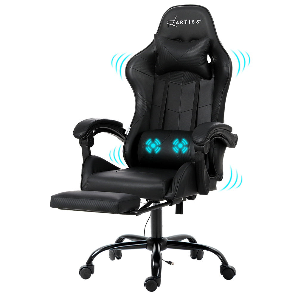 Artiss 2-Zone Massage Gaming Office Chair with Footrest — Black PVC Leather — Allure Home Collections