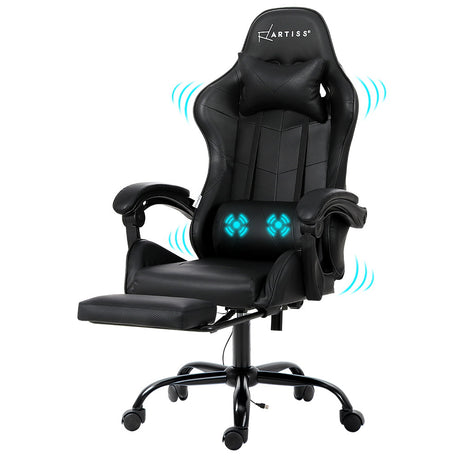 Artiss 2-Zone Massage Gaming Office Chair with Footrest — Black PVC Leather — Allure Home Collections