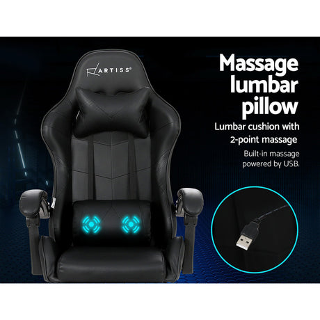 Artiss 2-Zone Massage Gaming Office Chair with Footrest — Black PVC Leather — Allure Home Collections