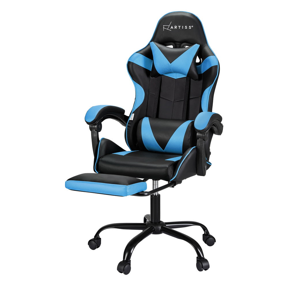 Artiss 2-Zone Massage Gaming Office Chair with Footrest — Cyan Blue PVC Leather — Allure Home Collections
