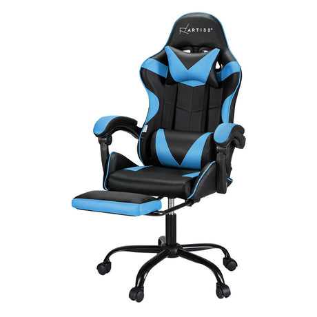 Artiss 2-Zone Massage Gaming Office Chair with Footrest — Cyan Blue PVC Leather — Allure Home Collections