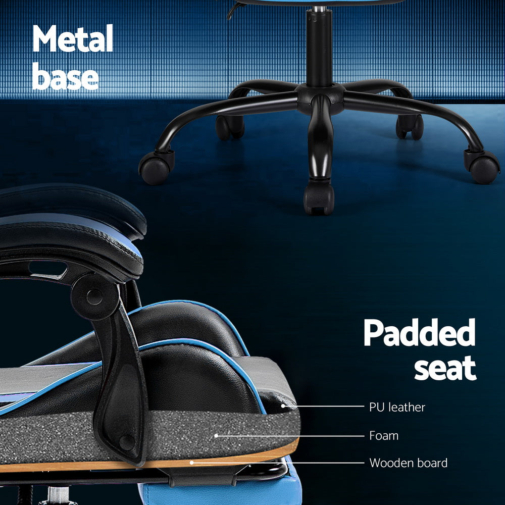 Artiss 2-Zone Massage Gaming Office Chair with Footrest — Cyan Blue PVC Leather — Allure Home Collections