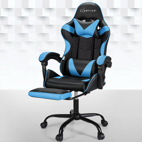 Artiss 2-Zone Massage Gaming Office Chair with Footrest — Cyan Blue PVC Leather — Allure Home Collections