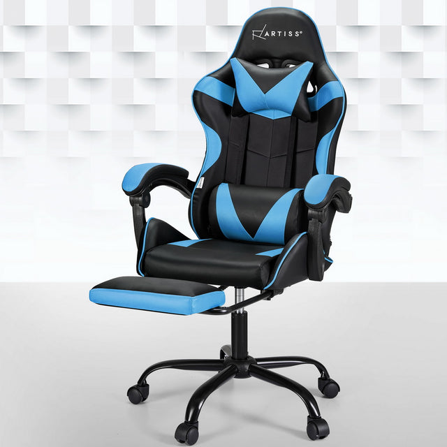 Artiss 2-Zone Massage Gaming Office Chair with Footrest — Cyan Blue PVC Leather — Allure Home Collections