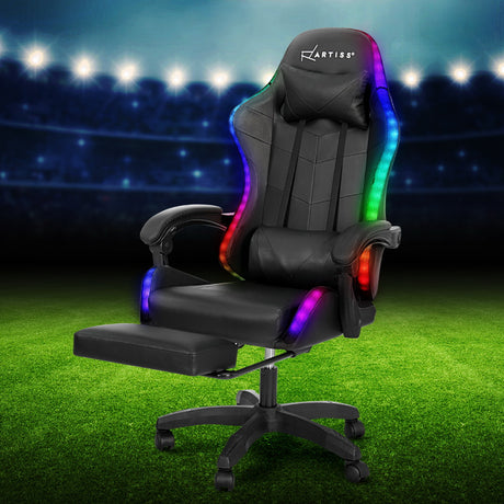 Artiss 6-Point Massage Gaming Office Chair — 7 LED Colours, Footrest, Black PVC — Allure Home Collections