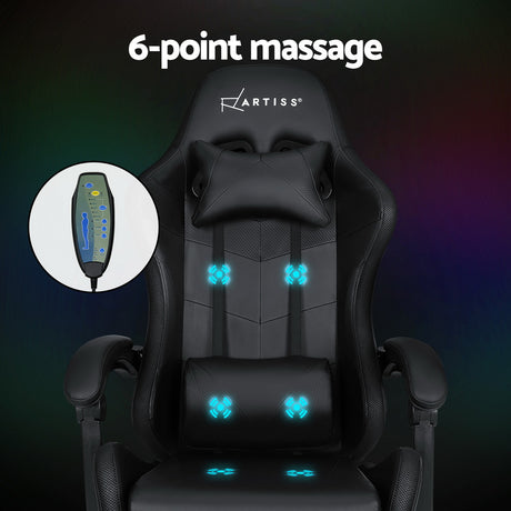 Artiss 6-Point Massage Gaming Office Chair — 7 LED Colours, Footrest, Black PVC — Allure Home Collections