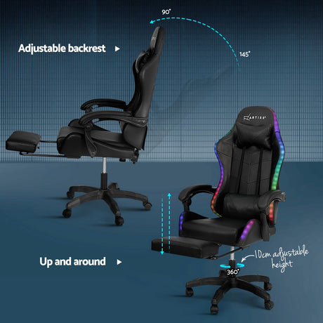 Artiss 6-Point Massage Gaming Office Chair — 7 LED Colours, Footrest, Black PVC — Allure Home Collections