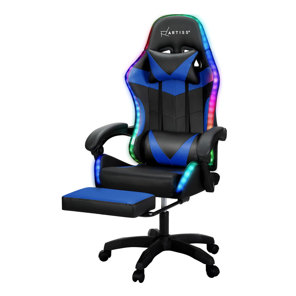 Artiss 6-Point Massage Gaming Office Chair — 7 LED Colours, Footrest, Black PVC — Allure Home Collections