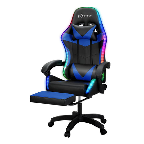 Artiss 6-Point Massage Gaming Office Chair — 7 LED Colours, Footrest, Black PVC — Allure Home Collections