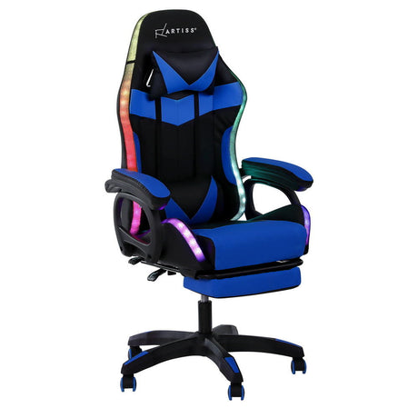 Albany blue LED gaming chair with footrest in a gaming setup