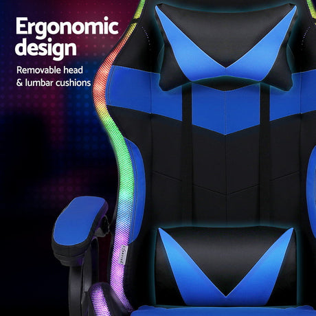 Albany blue LED gaming chair with footrest in a gaming setup