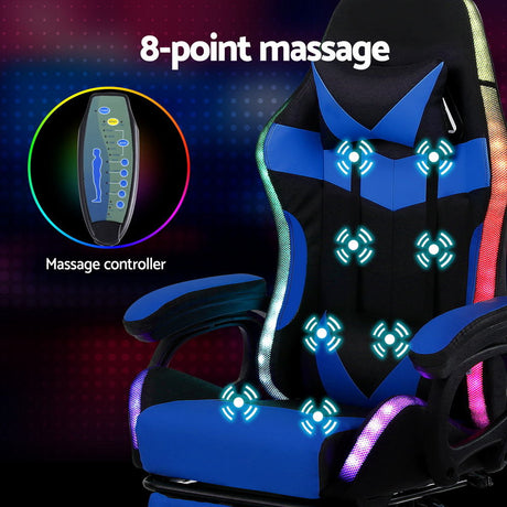 Albany blue LED gaming chair with footrest in a gaming setup
