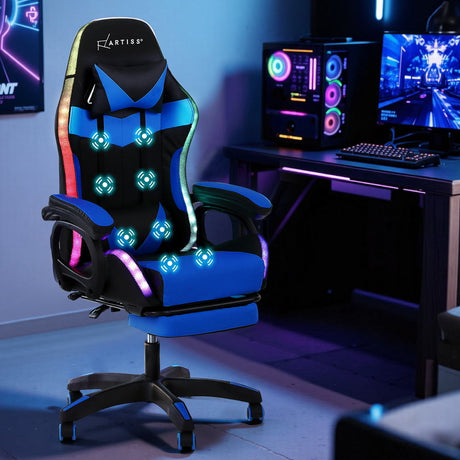 Albany blue LED gaming chair with footrest in a gaming setup