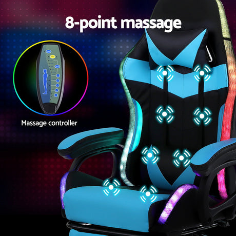 Albany cyan LED gaming chair with footrest in a gaming setup