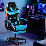 Albany cyan LED gaming chair with footrest in a gaming setup