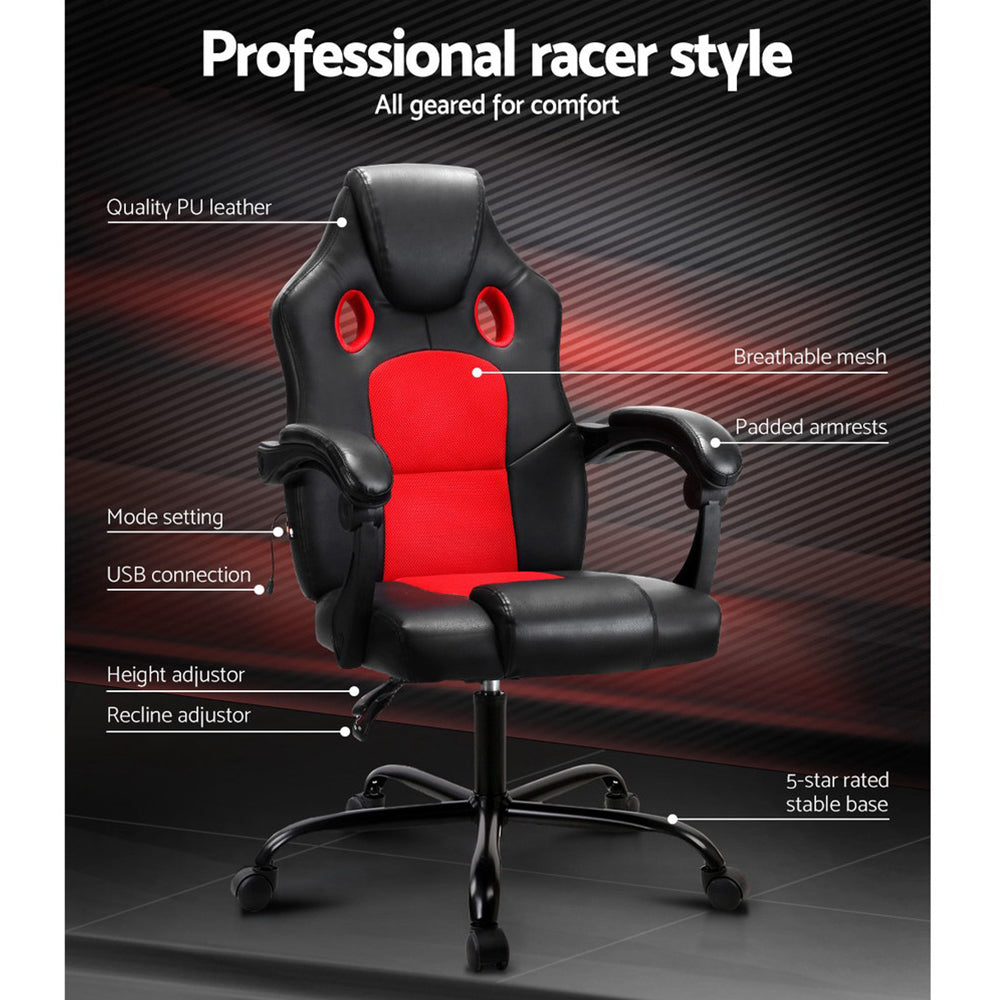 Artiss KHIR Ergonomic 2-Zone Massage Gaming Chair — Red PU Leather — Allure Home Collections