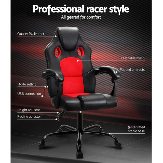 Artiss KHIR Ergonomic 2-Zone Massage Gaming Chair — Red PU Leather — Allure Home Collections