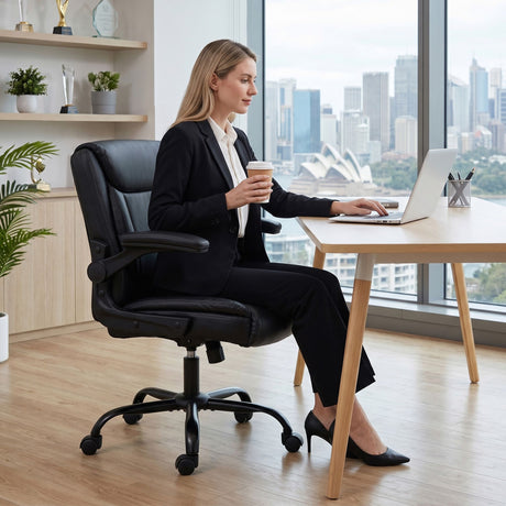 Toodyay black faux leather executive office chair with high back and metal base