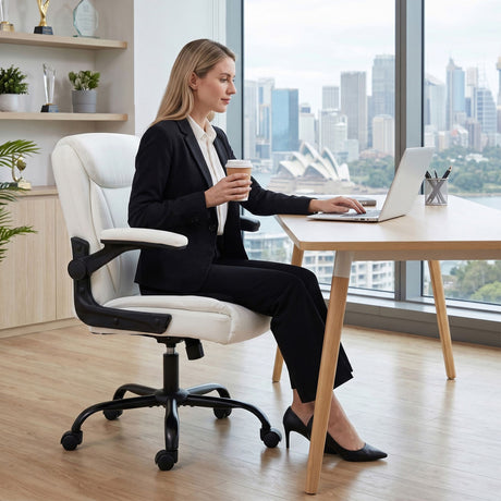 Toodyay white faux leather executive office chair with high back and metal base