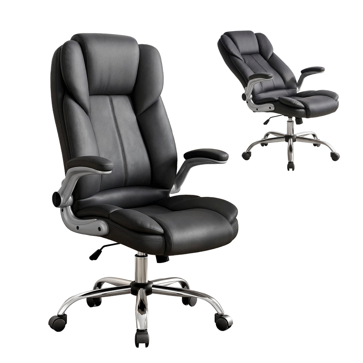 Donnybrook black leather look executive office chair with high back and tilt mechanism in an office