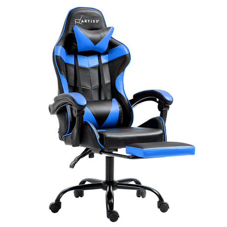 Greenough blue and black gaming chair with footrest in a home office