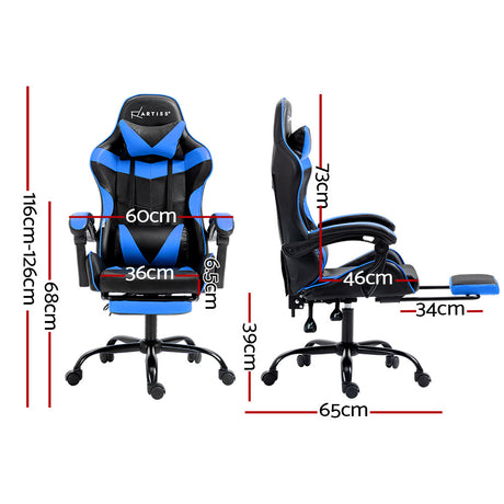 Greenough blue and black gaming chair with footrest in a home office
