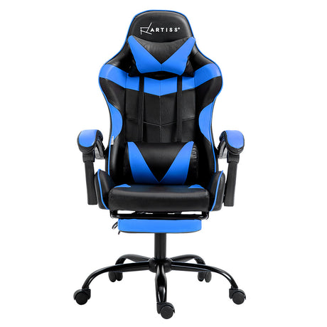 Greenough blue and black gaming chair with footrest in a home office