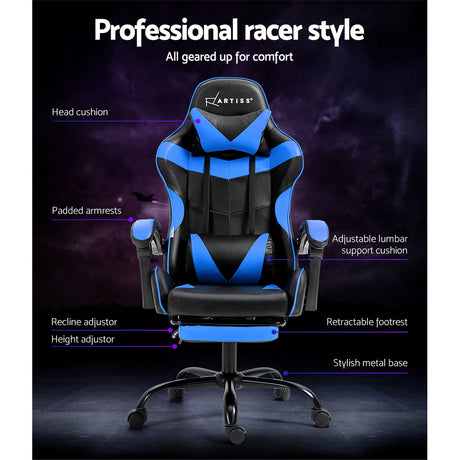 Greenough blue and black gaming chair with footrest in a home office