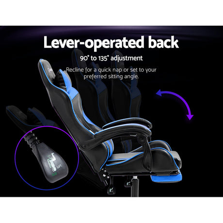 Greenough blue and black gaming chair with footrest in a home office