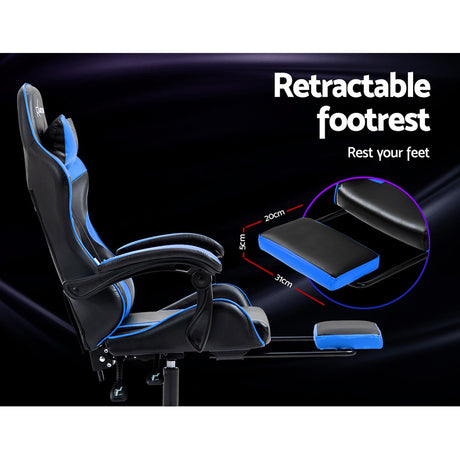 Greenough blue and black gaming chair with footrest in a home office