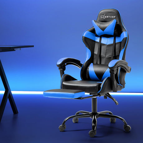 Greenough blue and black gaming chair with footrest in a home office