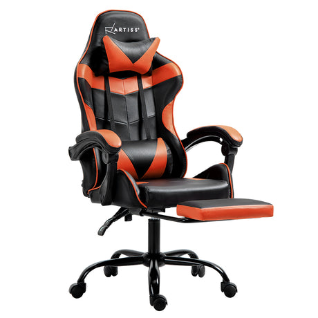 Greenough orange gaming chair with footrest in a home office