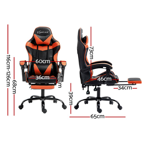 Greenough orange gaming chair with footrest in a home office