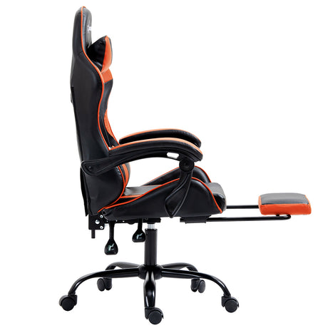 Greenough orange gaming chair with footrest in a home office