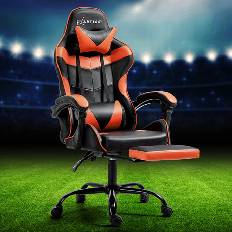 Greenough orange gaming chair with footrest in a home office