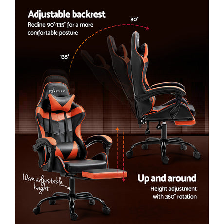 Greenough orange gaming chair with footrest in a home office
