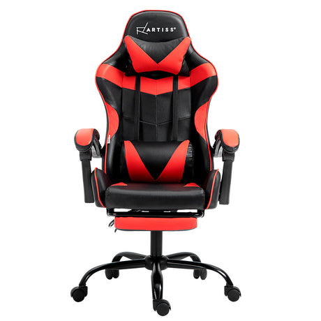 Greenough red and black gaming chair with footrest in a home office