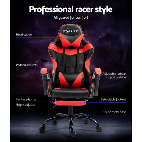 Greenough red and black gaming chair with footrest in a home office