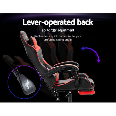 Greenough red and black gaming chair with footrest in a home office