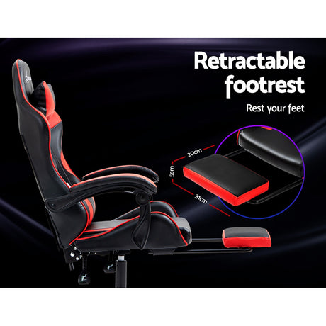 Greenough red and black gaming chair with footrest in a home office