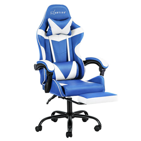 Greenough blue and white gaming chair with footrest in a home office