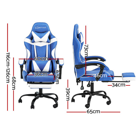 Greenough blue and white gaming chair with footrest in a home office