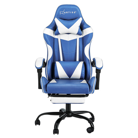 Greenough blue and white gaming chair with footrest in a home office