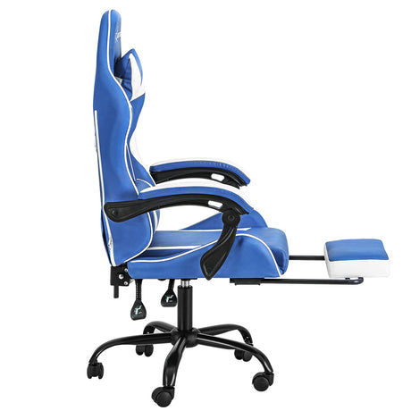 Greenough blue and white gaming chair with footrest in a home office