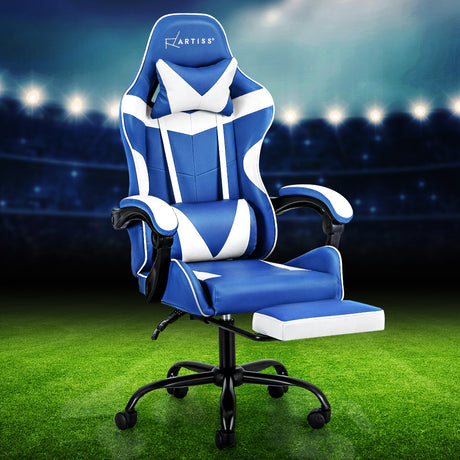 Greenough blue and white gaming chair with footrest in a home office